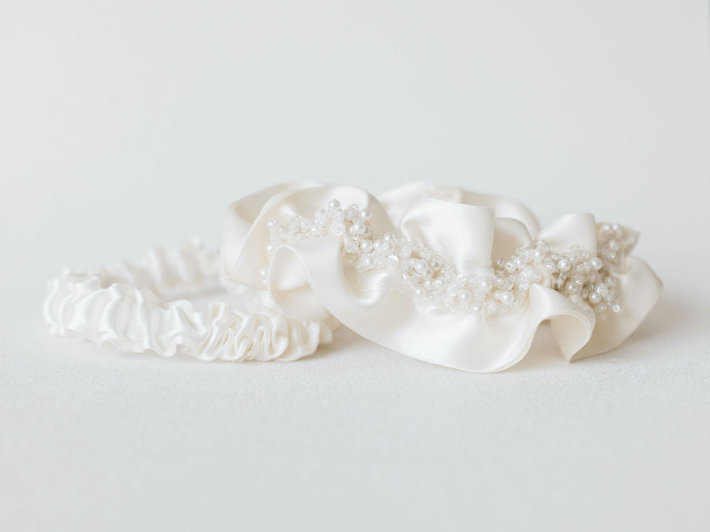 personalized wedding garter set with sparkle and satin handmade heirloom by The Garter Girl