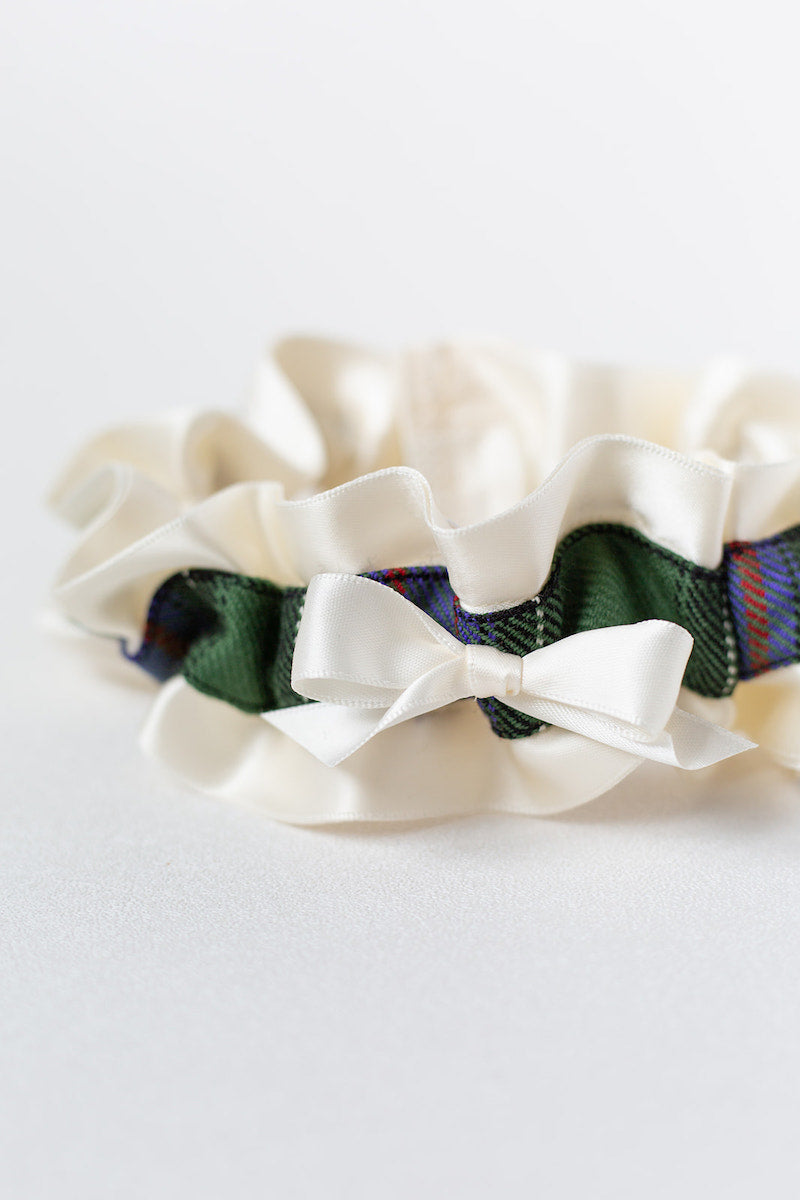 tartan plaid custom bridal garter with personalized patch made from sisters wedding dress