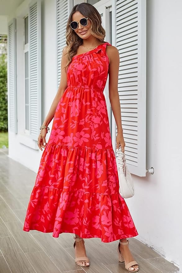 Tropical Floral Print One Shoulder Dress
