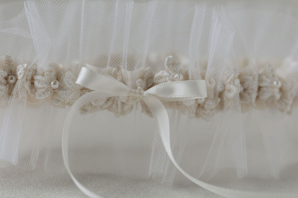 tulle wedding garter handmade from bride's mother's wedding dress with lace and pearls by heirloom expert, The Garter Girl