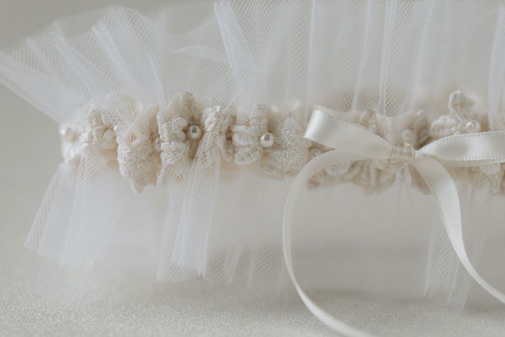 tulle wedding garter handmade from bride's mother's wedding dress with lace and pearls by heirloom expert, The Garter Girl