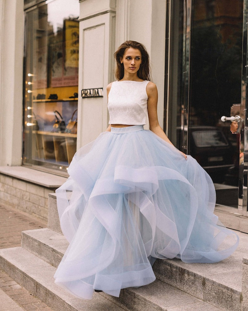 Two Piece Wedding Dress with Blue Skirt and Cropped Top