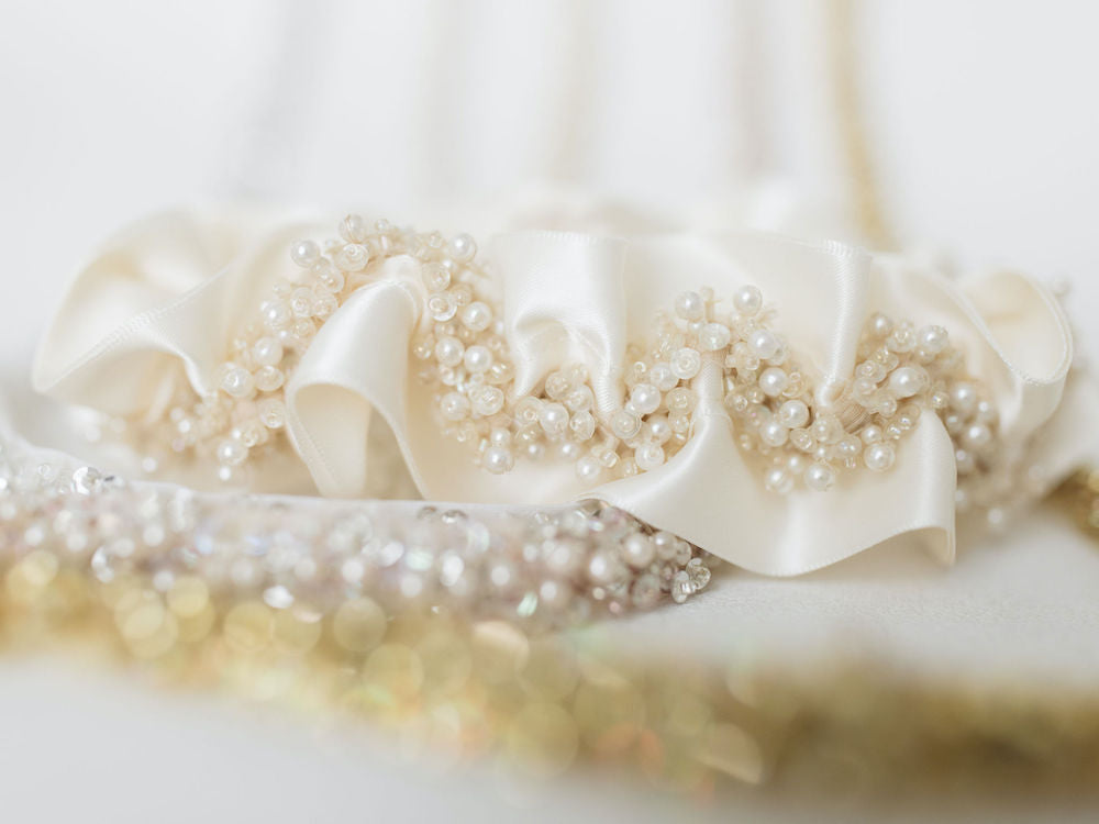 ultimate luxury wedding garter set with sparkles, pearls & beads handmade by expert garter designer The Garter Girl