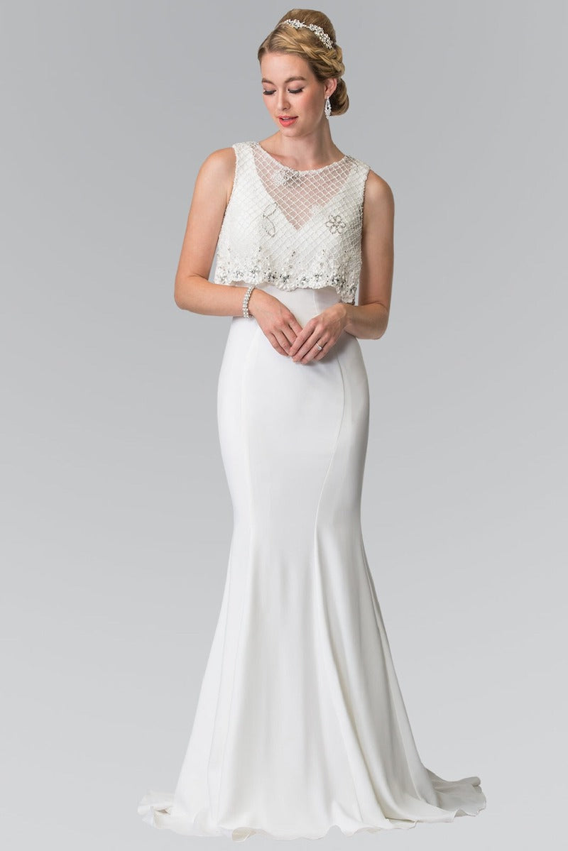 V Neck Wedding Dress with Beaded Top