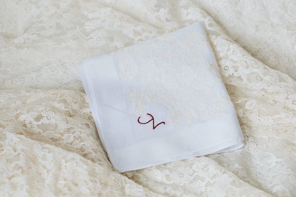 Handkerchief with Viva Magenta Personalized Embroidery from Great Grandmother's Wedding Dress with Lace
