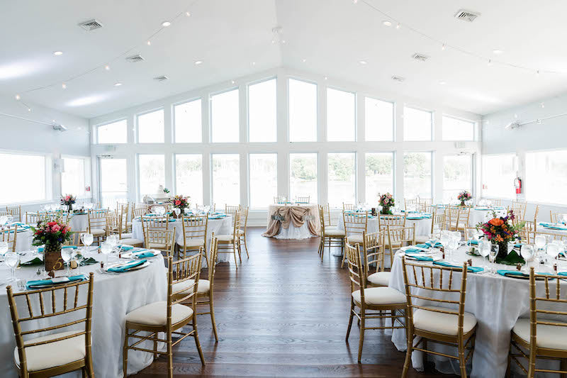 Waterfront Wedding Reception String Lights Indoors