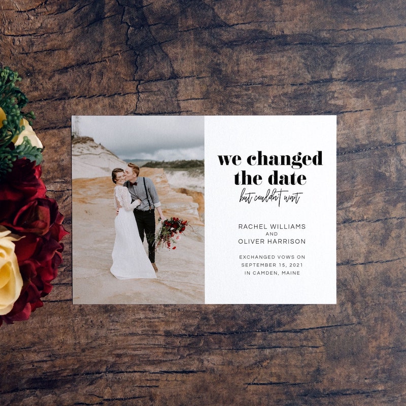 We Changed The Date But Couldn't Wait Wedding Elopement Card