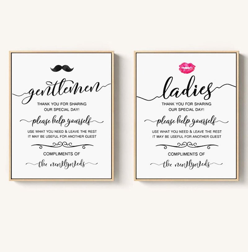 Wedding Bathroom Amenity Basket Signs