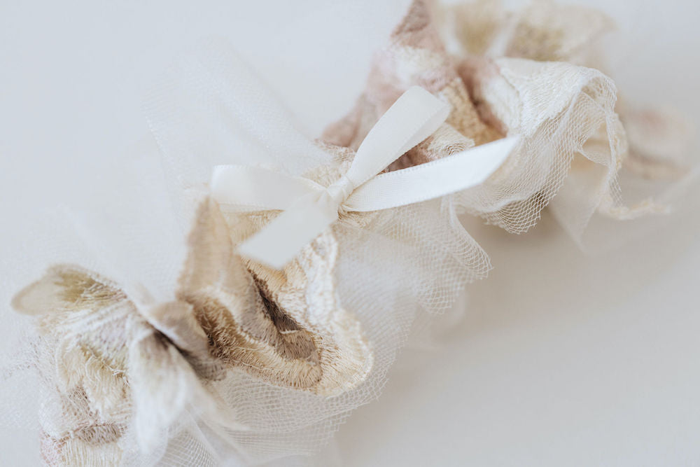 wedding garter set handmade from bride's wedding dress w champagne tulle & flowers by The Garter Girl