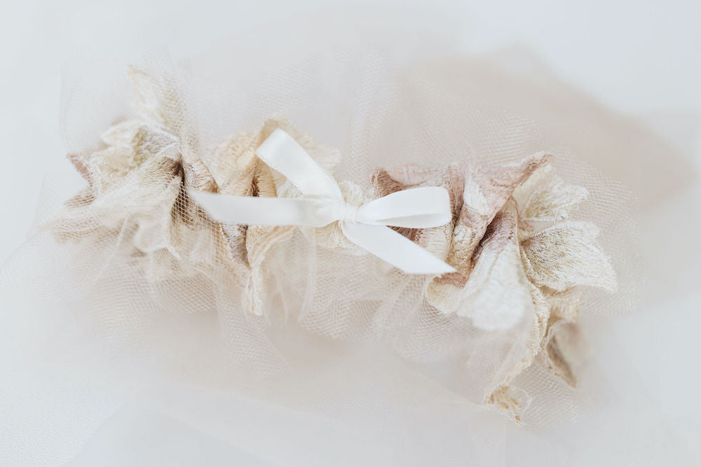 wedding garter set handmade from bride's wedding dress w champagne tulle & flowers by The Garter Girl