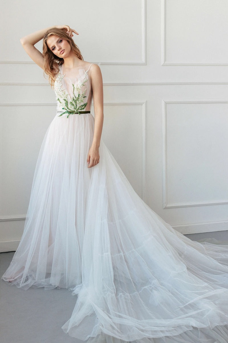 Wedding Dress With Green Floral Beaded Detail