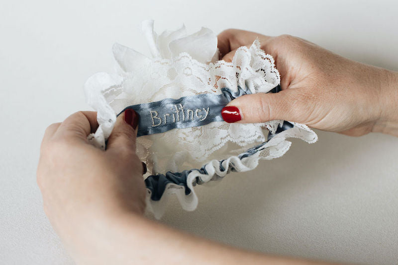 Ivory and Dusty Blue Wedding Garter Heirloom Made From Mom's Dress Personalized With Embroidered Name