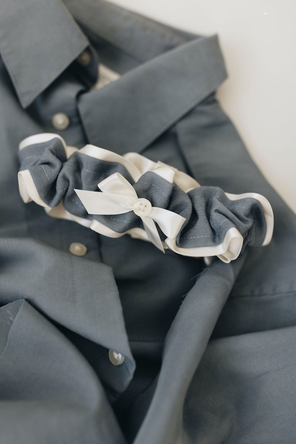 wedding garter handmade from brides's dad's shirt