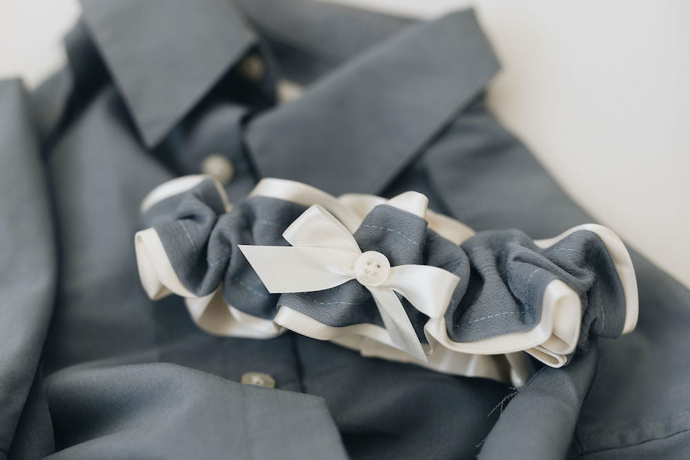 wedding garter made from the bride's dad's silk shirt by expert bridal accessory designer The Garter Girl