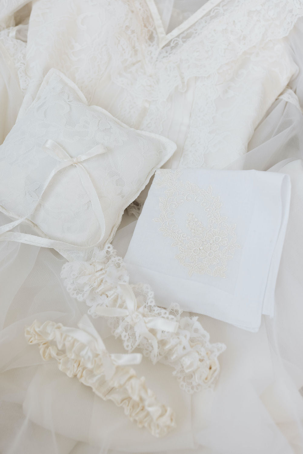 wedding garter set, ring pillow & handkerchief handmade from the bride's mother's lace wedding dress, bridal accessory designed by The Garter Girl