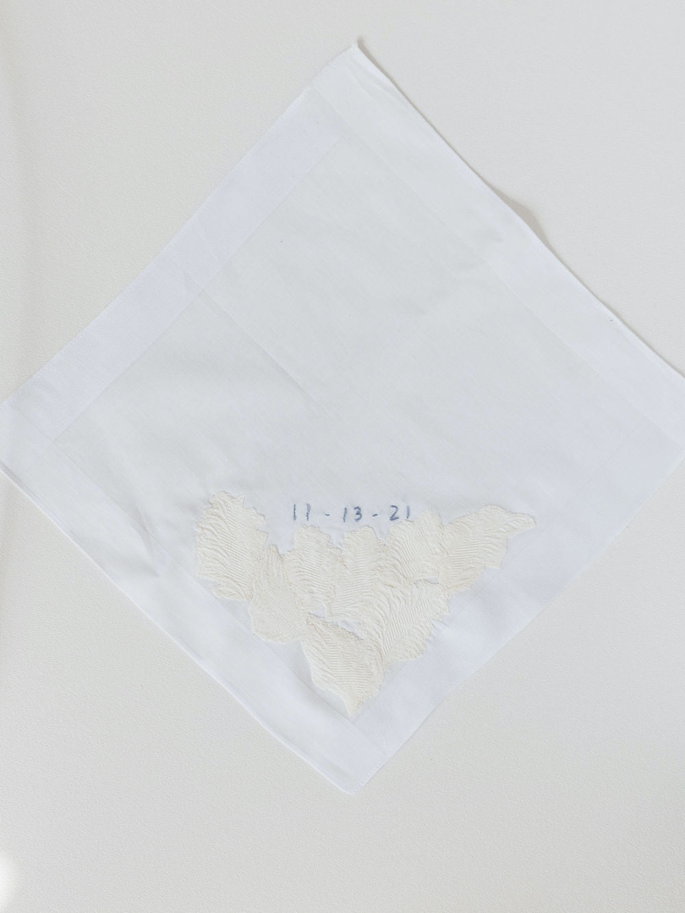 customized wedding handkerchief heirloom handmade with mother's wedding dress sleeves and personalized embroidery by The Garter Girl