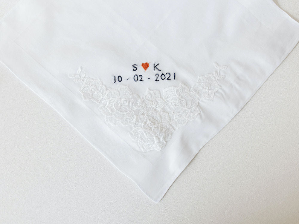 personalized wedding handkerchief with mother's wedding dress lace, customized w hand embroidery by heirloom designer, The Garter Girl