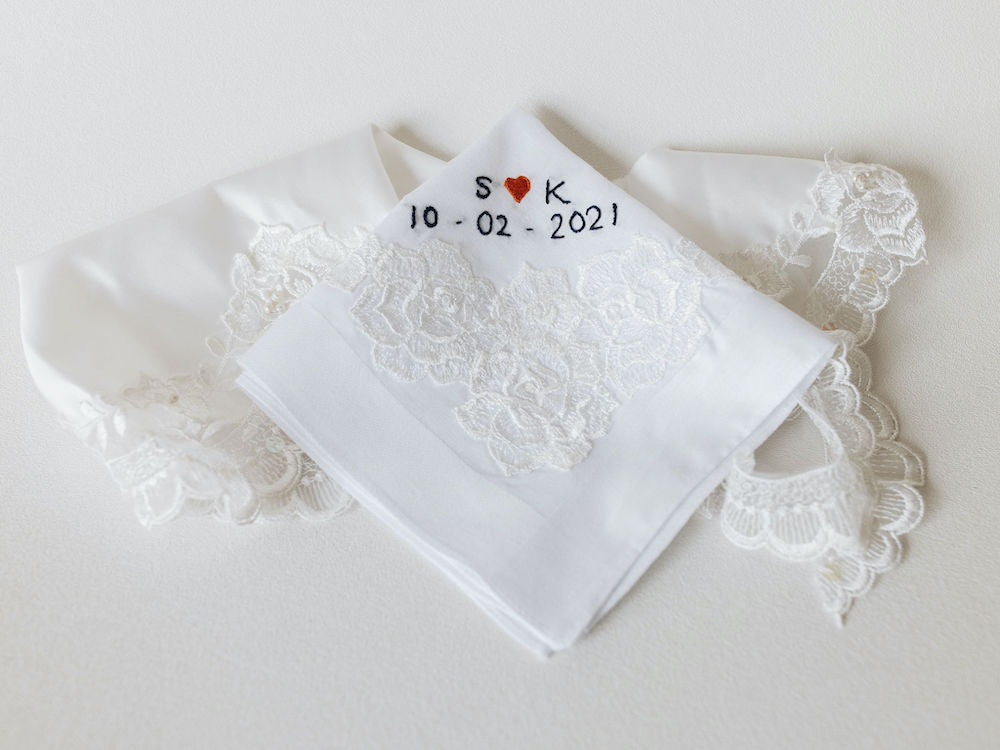 personalized wedding handkerchief with mother's wedding dress lace, customized w hand embroidery by heirloom designer, The Garter Girl