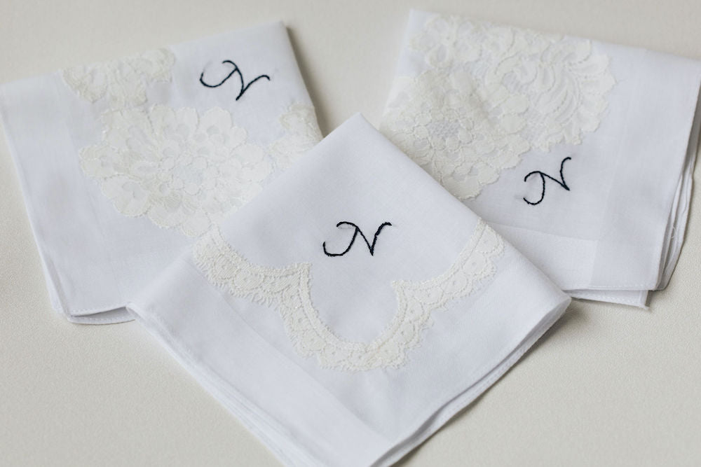 personalized wedding handkerchief made from bride's mother's lace wedding dress, embroidered w monogram - handmade heirloom by The Garter Girl