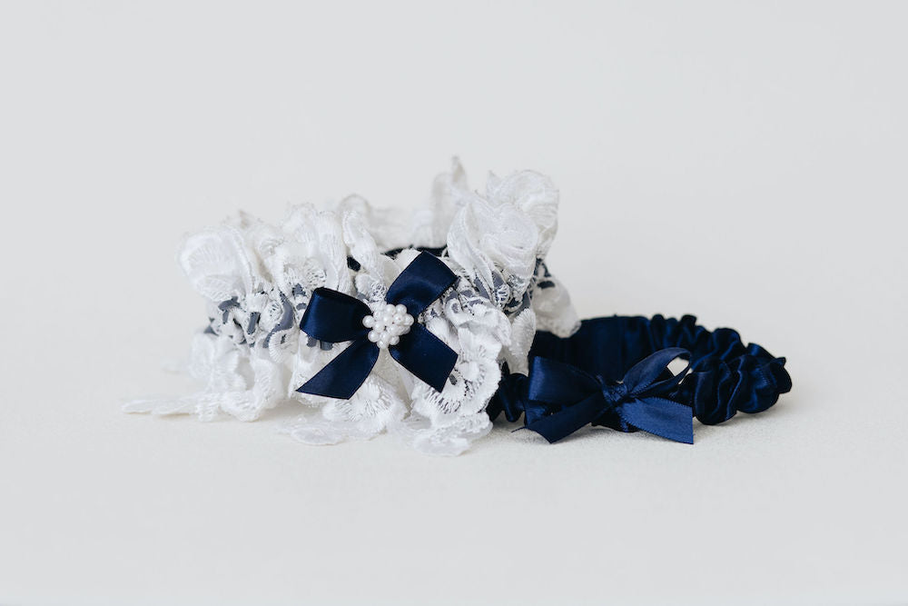 matching handkerchief and wedding garter set with navy blue satin & bow, ivory lace, and pearls - a handmade wedding heirloom by The Garter Girl