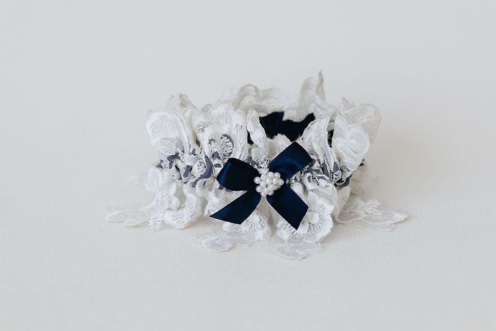 matching handkerchief and wedding garter set with navy blue satin & bow, ivory lace, and pearls - a handmade wedding heirloom by The Garter Girl