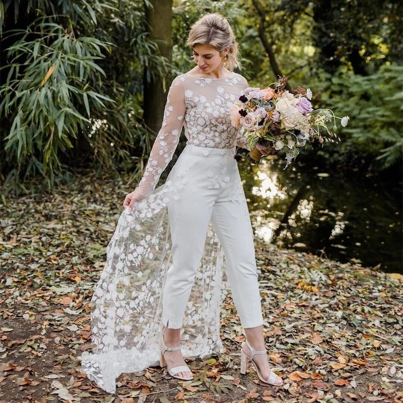 Wedding Jumpsuit with Lace Train