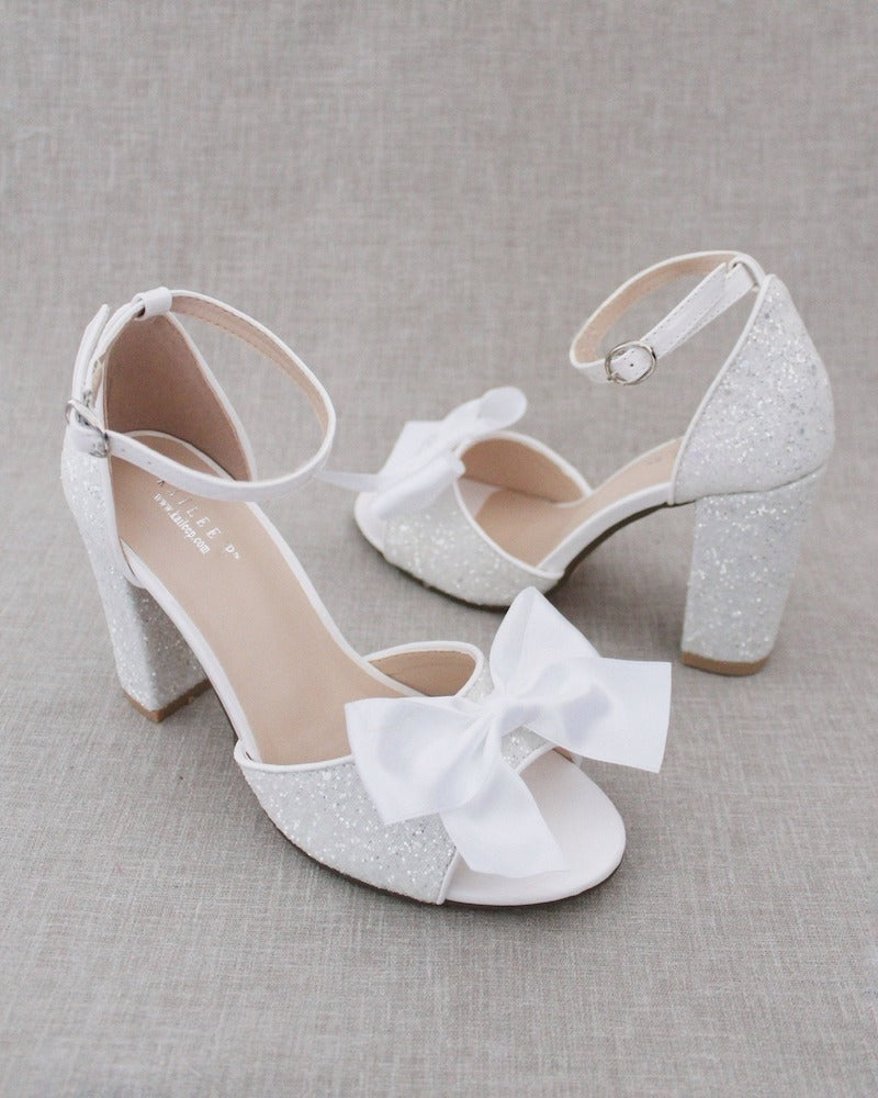 White Glitter Block Heels
