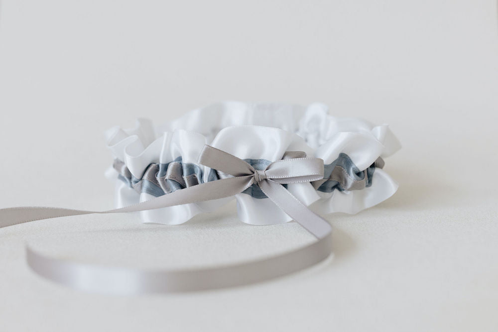 personalized wedding garter set with white, gray & dusty blue handmade by heirloom bridal accessory designer, The Garter Girl