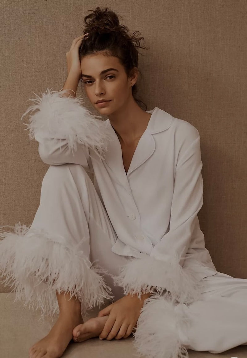 Long Sleeve and Pants Silk Pajamas with Feathers for Wedding Morning