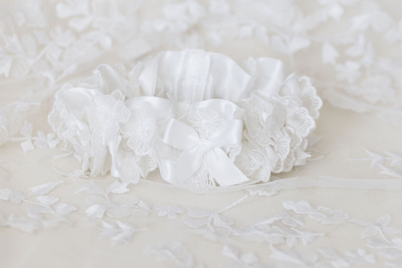 White Satin Custom Bridal Garter With Floral Material From Bride's Wedding Dress by The Garter Girl