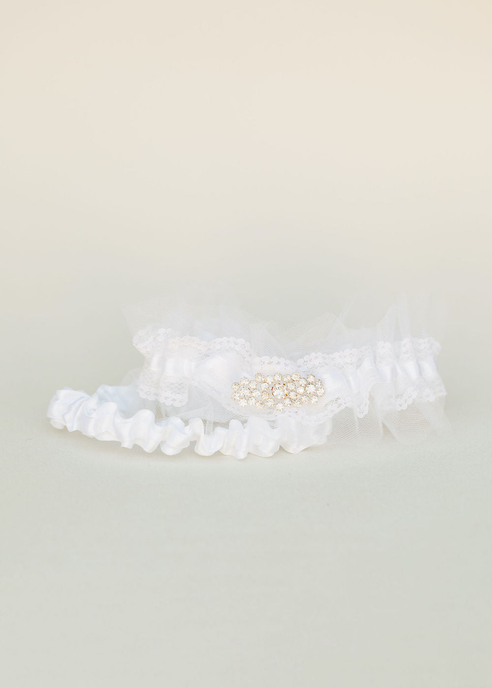 custom wedding garter set with white tulle, sparkle detail, personalized with embroidery by The Garter Girl 