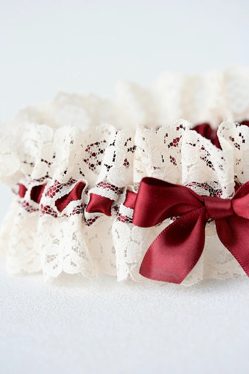 Garter with Viva Magenta Satin & Bow and Ivory Lace - a handmade wedding heirloom by The Garter Girl