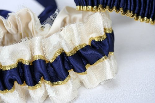 Ivory Navy and Gold Bridal Garter