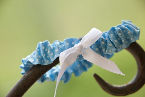 blue and white polka dot wedding garter