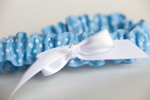 blue and white polka dot wedding garter