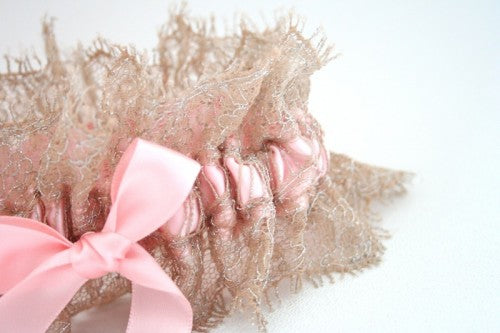 Champagne and Pink Wedding Garter with Pink Details
