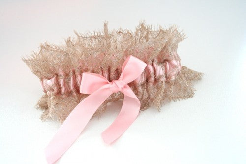 Champagne Lace Wedding Garter with Pink Details