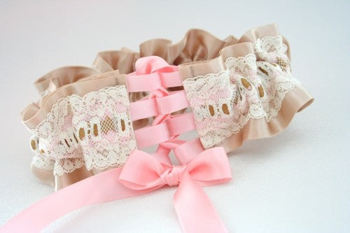 Champagne and Lace Wedding Garter with Pink Corset Closure