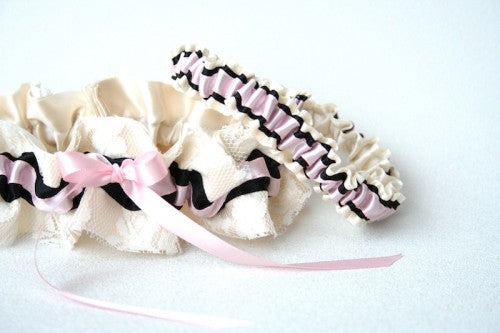 Chic Ivory Pink and Black Custom Wedding Garter Set