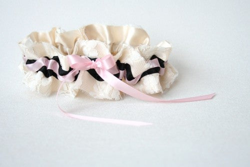 Gorgeous Ivory Lace Wedding Garter with Black and Pink Details