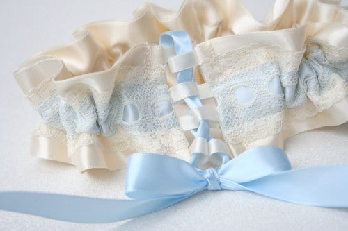 Ivory and Blue Custom Garter with Corset Closure