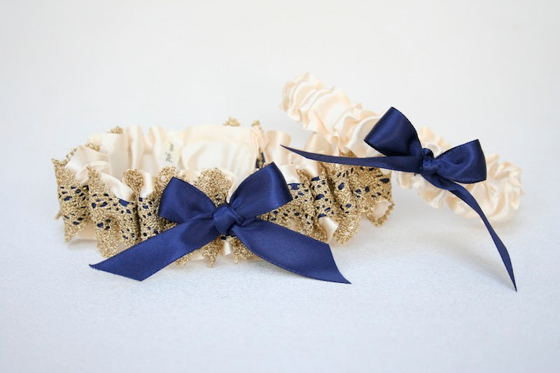 custom wedding garter set with gold lace and navy blue