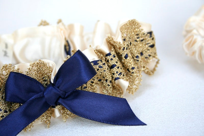 wedding garter with gold lace and navy blue