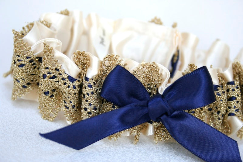 custom wedding garter with navy and gold lace