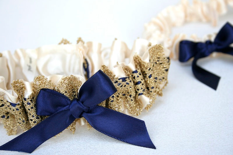 couture wedding garter with gold lace and navy blue