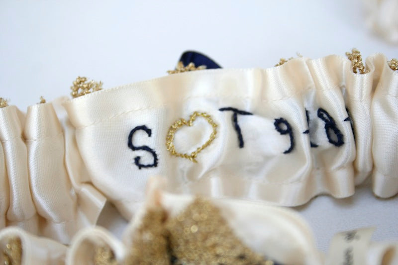 hand embroidered inside of custom wedding garter