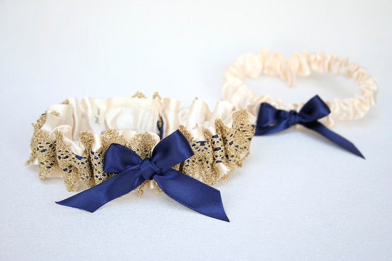 wedding garter set with gold lace, ivory and navy blue