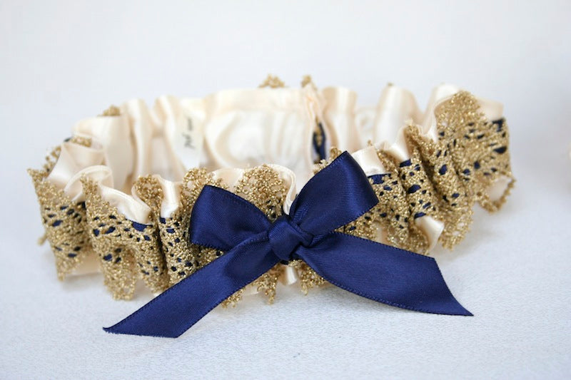 gold lace and navy blue custom wedding garter