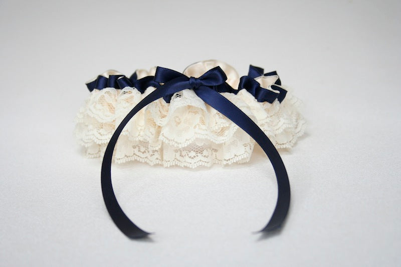 custom wedding garter with ivory and navy blue