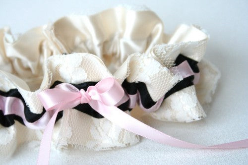 Gorgeous Ivory Pink and Black Custom Wedding Garter